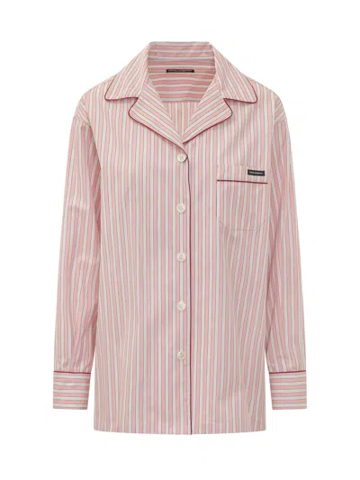 Dolce & Gabbana Striped Short-sleeve Shirt With Collar And Pocket In Neutral