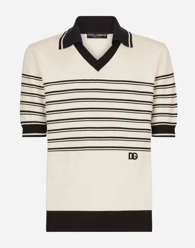 Dolce & Gabbana Striped Silk V-neck Polo-shirt With Dg Logo