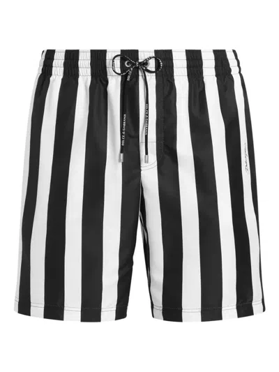 Dolce & Gabbana Striped Swim Shorts In Black
