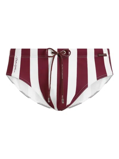 Dolce & Gabbana Striped Swim Trunks In Red