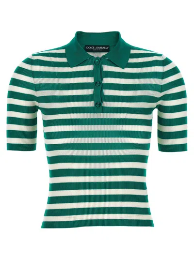 Dolce & Gabbana Striped Viscose Polo Shirt In Green