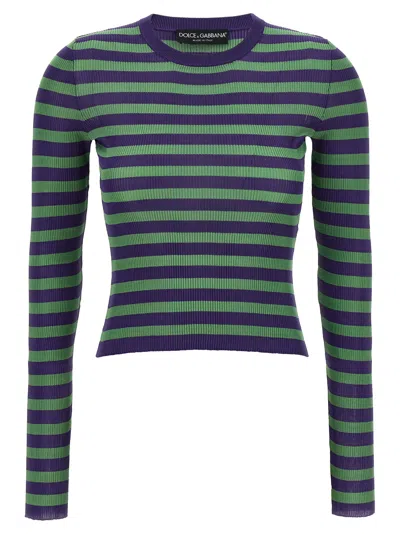 Dolce & Gabbana Striped Viscose Ribbed Sweater In Purple
