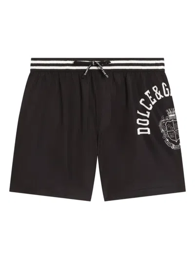 Dolce & Gabbana Kids' Striped-waist Logo-print Swim Shorts In Black