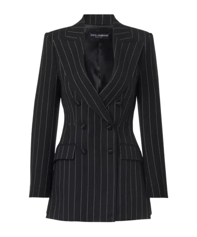 Dolce & Gabbana Double-breasted Pinstriped Wool-blend Blazer In Black
