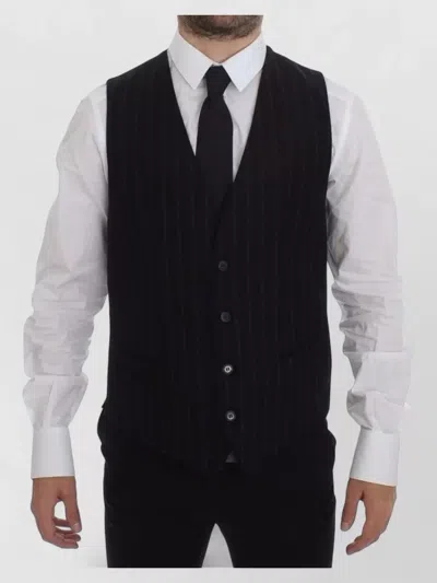 Dolce & Gabbana Striped Wool Logo Vest Gilet In Black
