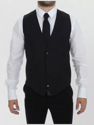 Dolce & Gabbana Striped Wool Single Breasted Mens Vest In Black