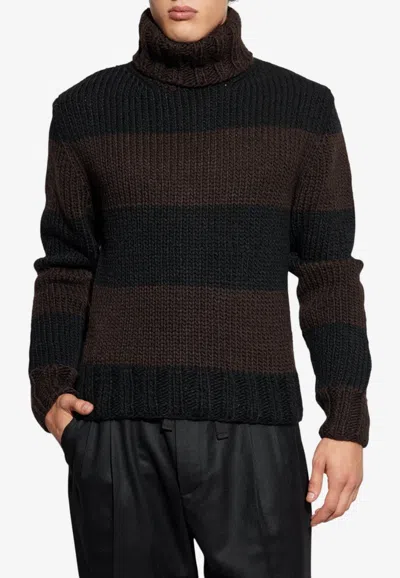 Dolce & Gabbana Striped Wool Turtleneck Sweater In Brown