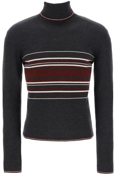 Dolce & Gabbana Striped Wool Turtleneck Sweater In Grigio