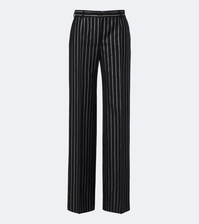 Dolce & Gabbana Pleated Striped Wool-blend Wide-leg Pants In Black