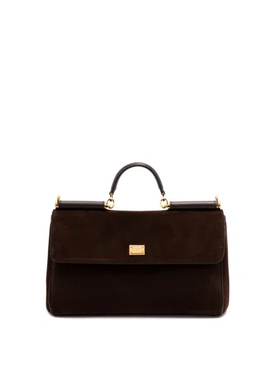 Dolce & Gabbana Structured Calf Leather Handbag With Detachable Strap In Brown