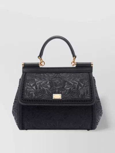 Dolce & Gabbana Structured Embroidered Top Handle Shoulder Bag In Black