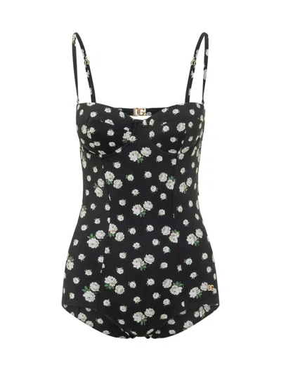 Dolce & Gabbana Structured Floral Bodysuit In Black