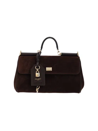 Dolce & Gabbana Structured Top Handle Satchel With Padlock Tag In Brown