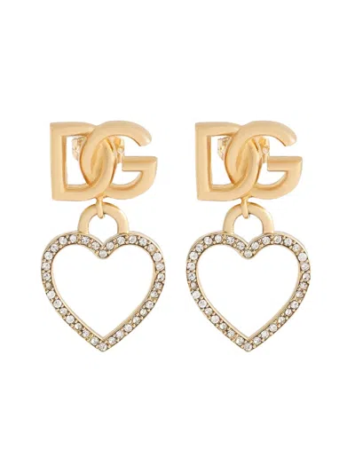 Dolce & Gabbana Women Stud Earrings With Hearts And Logo In Brown