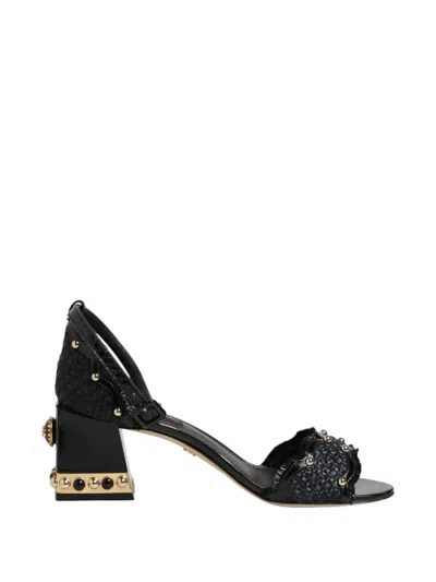 Dolce & Gabbana Studded Ankle Strap Block Heel Sandals In Black