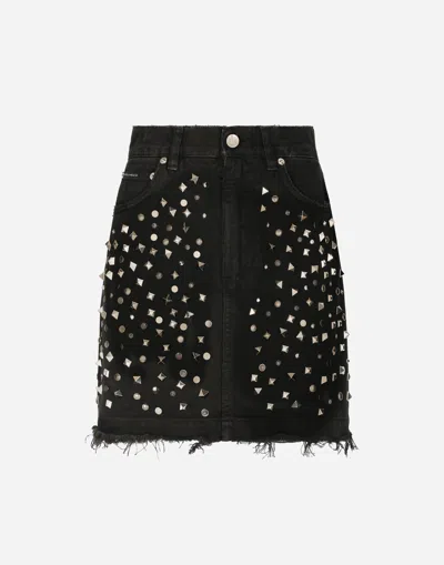 Dolce & Gabbana Studded Denim Miniskirt In Multicolor