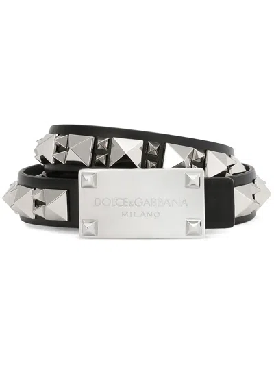 Dolce & Gabbana Studded Logo-plaque Leather Belt In Black