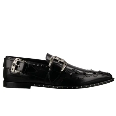 Pre-owned Dolce & Gabbana Studs Crystals Leather Derby Monkstrap Shoes Paride Black Silver