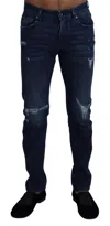 Dolce & Gabbana Blue Cotton Skinny Tattered Denim Jeans In Blue