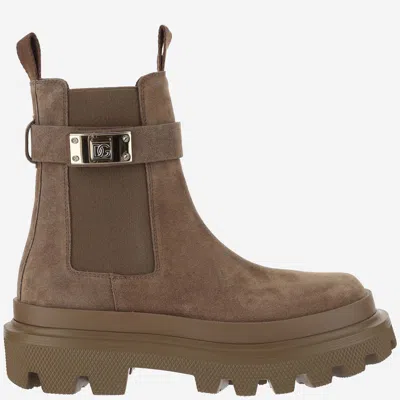 Dolce & Gabbana Suede Ankle Boots With Logo In Brown