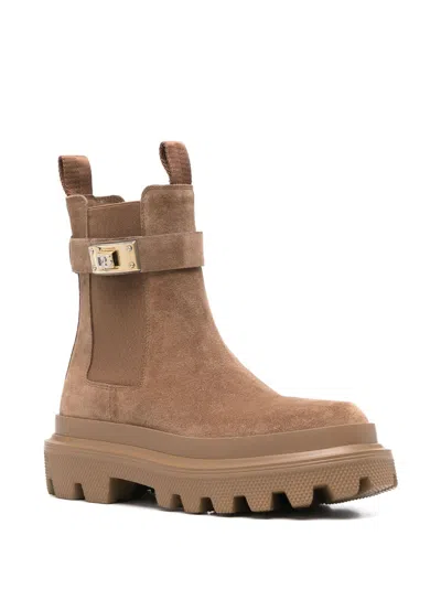 Dolce & Gabbana Beige Ankle Boots With Dg Logo Detail In Suede Woman In Brown