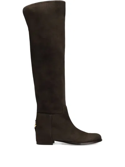 Dolce & Gabbana Suede Boots With Logo Plaque In Brown