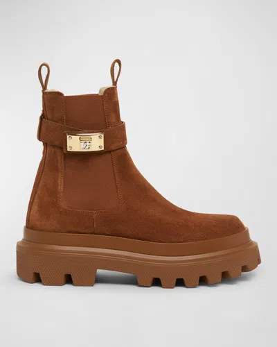 Dolce & Gabbana Suede Buckle Faux Fur Chelsea Booties In Cammello