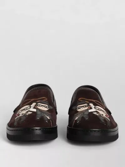 Dolce & Gabbana Suede Dg Family Loafers Cartoon Motif In Black