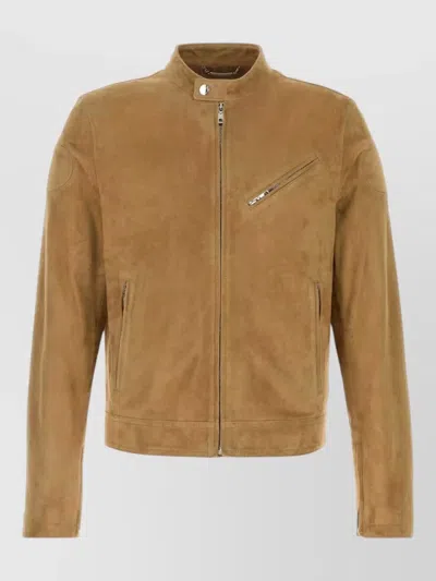 Dolce & Gabbana Suede Jacket Stand Collar Chest Pocket In Brown