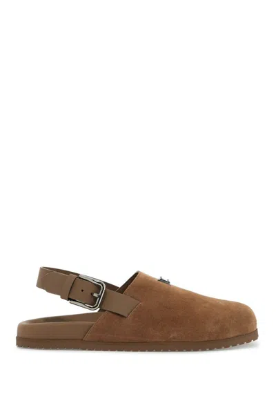 Dolce & Gabbana Suede Leather Clogs With Logo Plate In Brown
