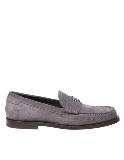 Dolce & Gabbana Suede Loafers With Dg Logo In Grigio