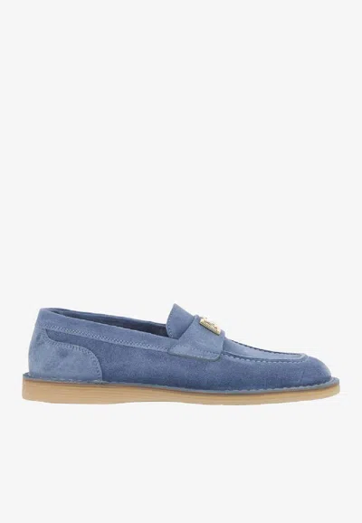 Dolce & Gabbana Suede Loafers With Dg-logo In Blue