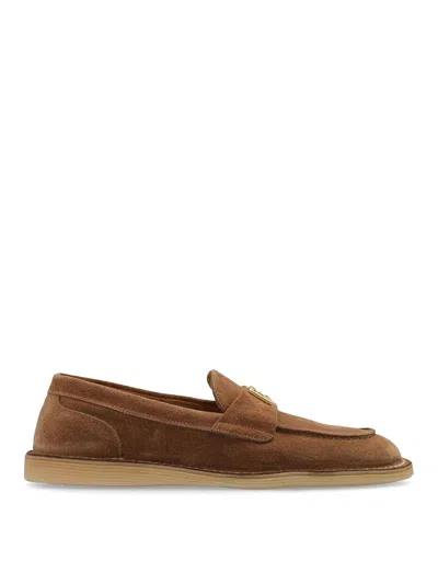 Dolce & Gabbana Dg Logo Suede And Shearling Loafers In Brown