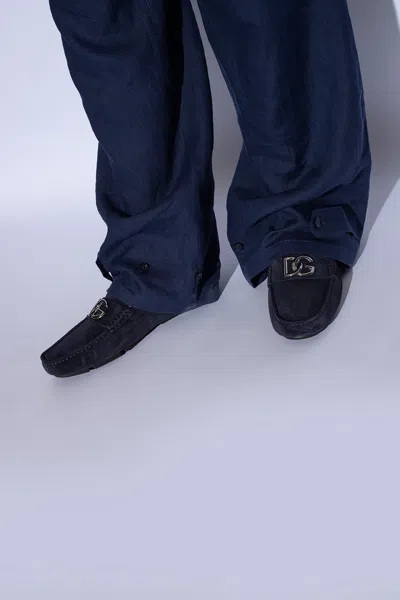 Dolce & Gabbana Suede Moccasins With Logo In Navy Blue