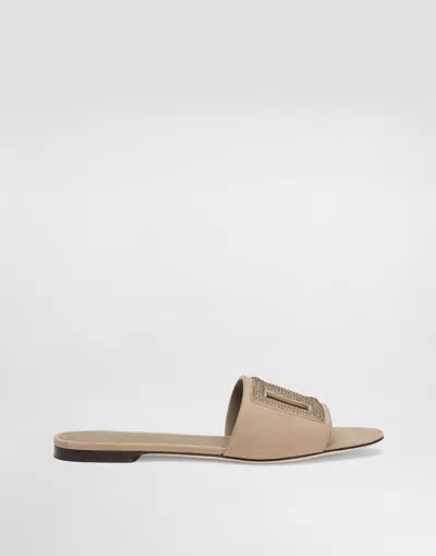 Dolce & Gabbana Suede Slippers With Rhinestones In Neutral