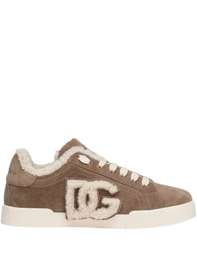 Dolce & Gabbana Suede Sneakers With Shearling Lining In Brown