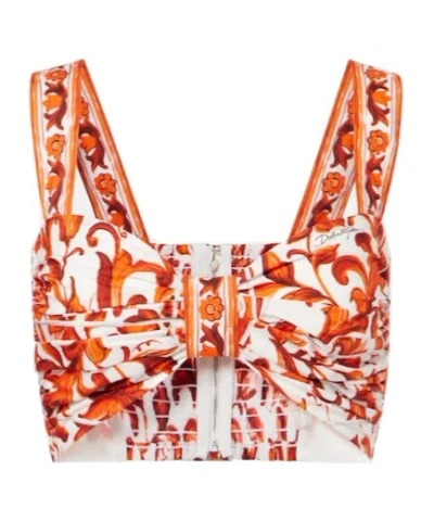 Dolce & Gabbana Majolica-print Poplin Bustier Top In Orange