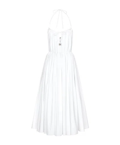 Dolce & Gabbana V-neck Midi Dress In Silk Georgette In Bianco Ottico
