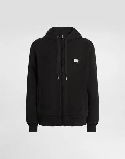 Dolce & Gabbana Sweat-shirt En Coton Avec Capuche Et Plaquette In Noir