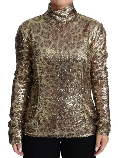 Pre-owned Dolce & Gabbana Sweater Brown Leopard Fit Turtleneck Sequin It46/us12/xl $1500