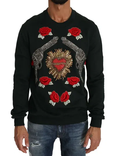 Pre-owned Dolce & Gabbana Sweater Green Crystal Heart Roses Gun S. It48 / M Rrp $4900