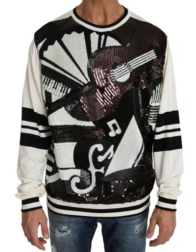 Pre-owned Dolce & Gabbana Sweater Jazz Sequined Guitar Pullover Top S. It50 / L Rrp $4000 In White