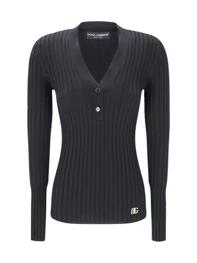 Dolce & Gabbana Black Ribbed V-neck Sweater In Nero
