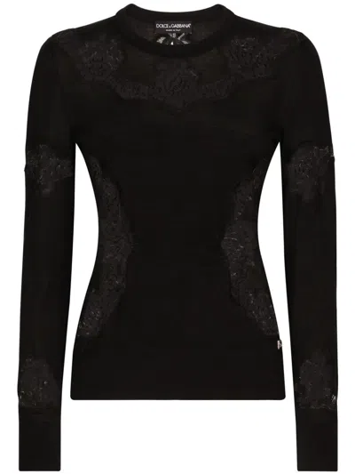 Dolce & Gabbana Lace-embroidered Crew-neck Jumper In Black
