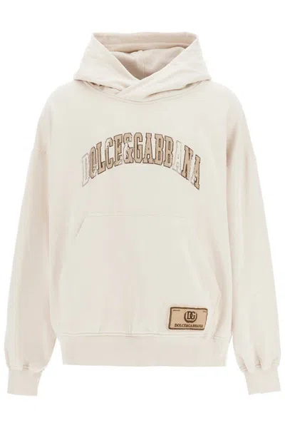 Dolce & Gabbana Hooded Sweatshirt With Embroidered Logo In Neutro