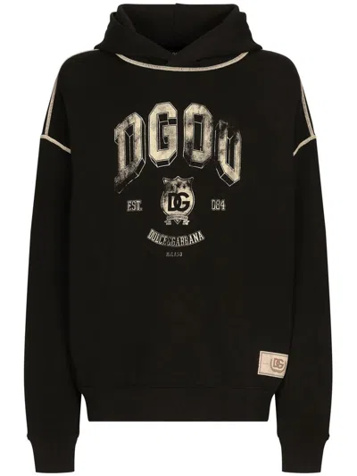 Dolce & Gabbana Dg-print Cotton Hoodie In Black