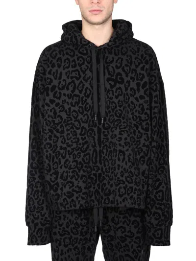 Dolce & Gabbana Cotton Sweatshirt With All-over Leopard Print In Black