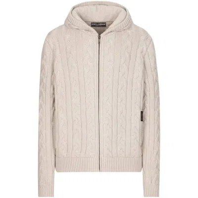 Dolce & Gabbana Cashmere And Wool Zip-up Hoodie With Dg Patch In Beige