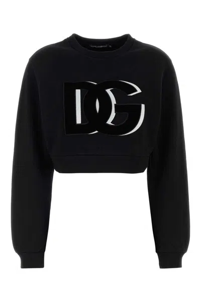 Dolce & Gabbana Cropped Cotton Blend Sweatshirt Long Sleeves In Black