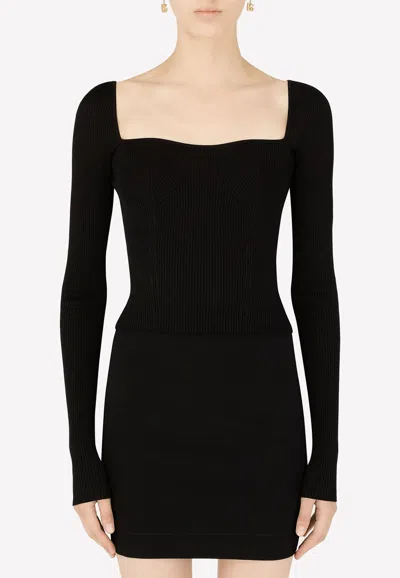 Dolce & Gabbana Sweetheart Neck Rib-knit Top In Black